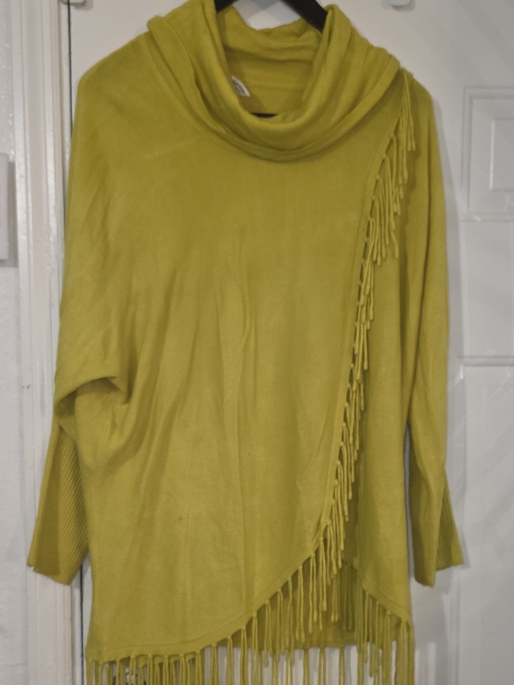 NY Collection Chartreuse Cowl Neck Fringe Tunic Sweater